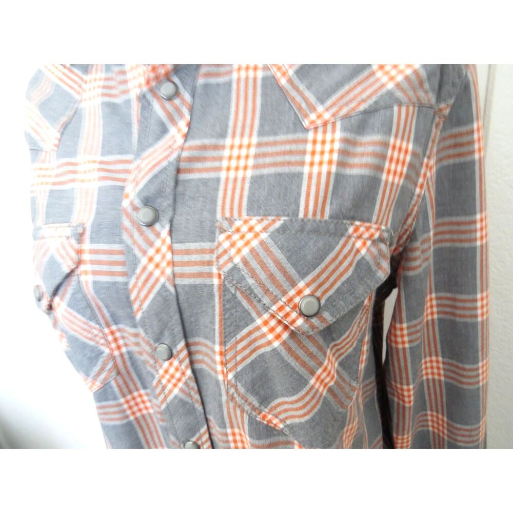 billy T Women's Mixed Media Split-back Plaid Western Shirt Gray/Peach L EUC - Picture 4 of 13